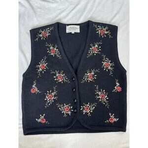 Susan Bristol 1995 100% Wool Floral Hand Embroidered Sweater Vest M